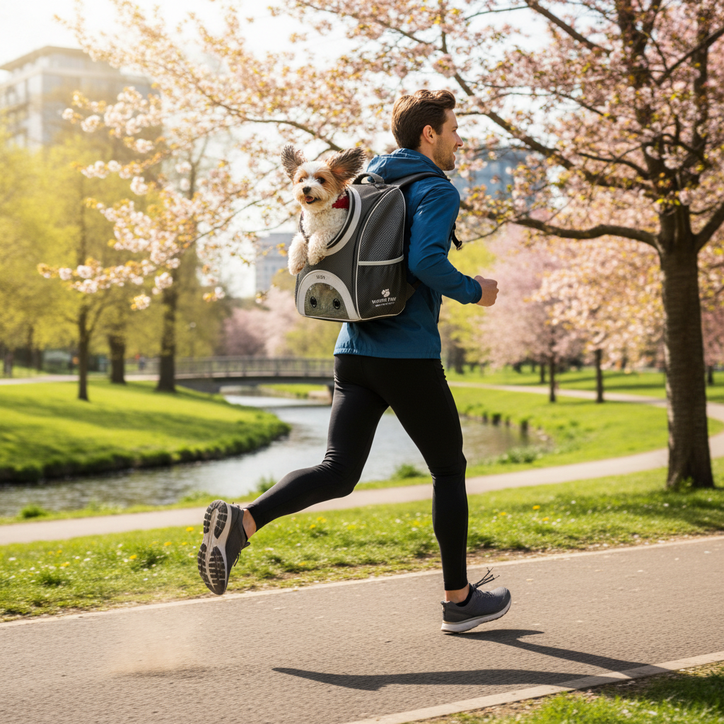 자전거 바구니 대신 등에 메쉬 소재의 통기성이 뛰어난 반려동물 백팩을 메고 공원을 달리는 사람, 바람을 느끼는 강아지의 귀와 생동감 넘치는 밝은 대낮의 풍경