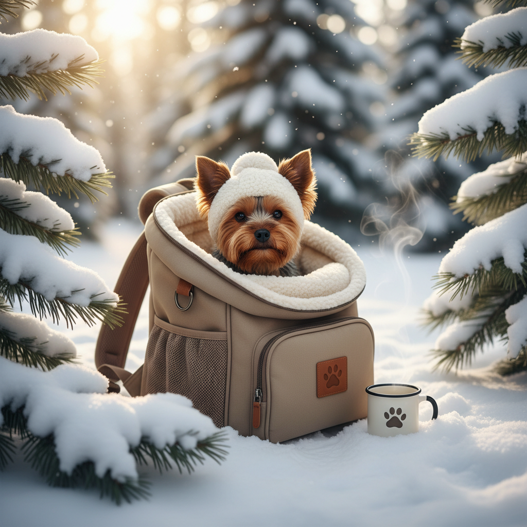 눈 내린 겨울 풍경 속에서 따뜻한 안감이 덧대어진 베이지색 반려동물 백팩, 가방 안에서 털 모자를 쓴 것처럼 보이는 귀여운 요크셔테리어와 부드러운 겨울 조명